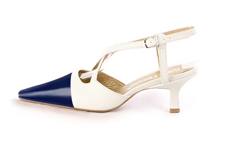 Prussian blue and off white women's open back shoes, with crossed straps. Tapered toe. Medium spool heels. Profile view - Florence KOOIJMAN