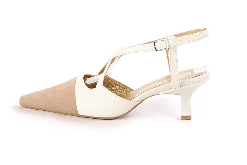 Tan beige and off white women's open back shoes, with crossed straps. Tapered toe. Medium spool heels. Profile view - Florence KOOIJMAN