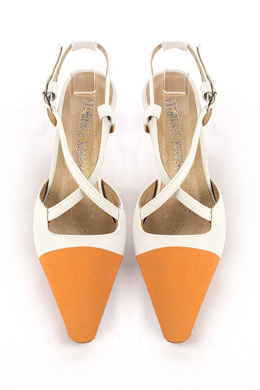 Apricot orange and off white women's open back shoes, with crossed straps. Tapered toe. Medium spool heels. Top view - Florence KOOIJMAN