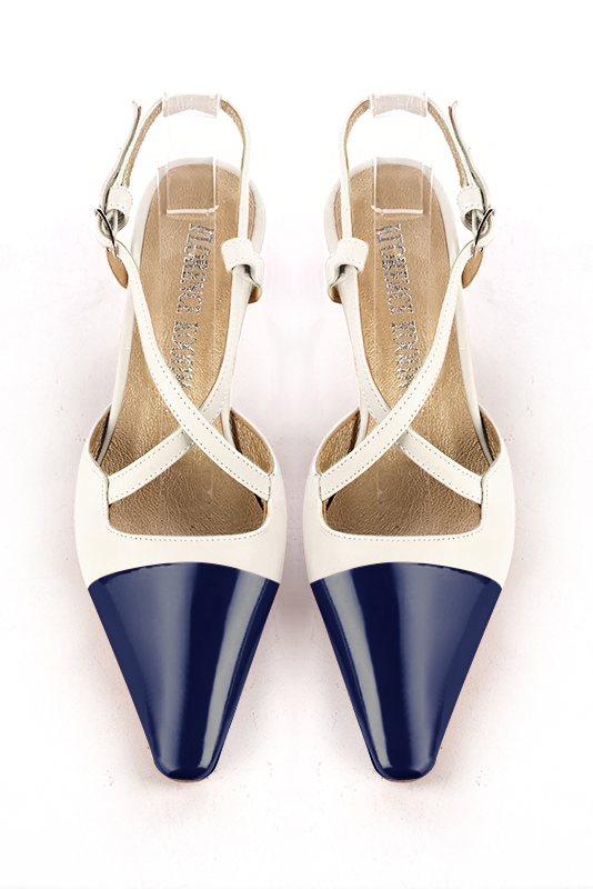 Prussian blue and off white women's open back shoes, with crossed straps. Tapered toe. Medium spool heels. Top view - Florence KOOIJMAN