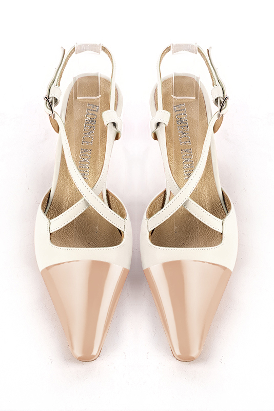 Powder pink and off white women's open back shoes, with crossed straps. Tapered toe. Medium spool heels. Top view - Florence KOOIJMAN