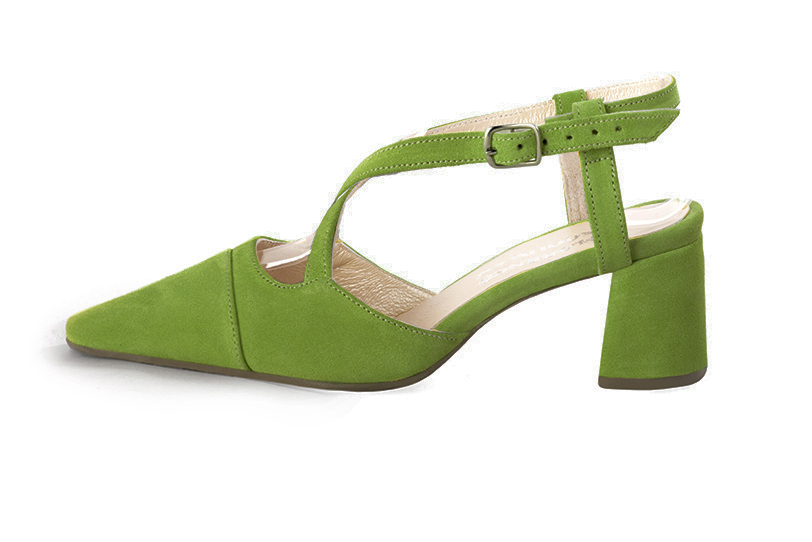 Grass green women's open back shoes, with crossed straps. Tapered toe. Medium flare heels. Profile view - Florence KOOIJMAN