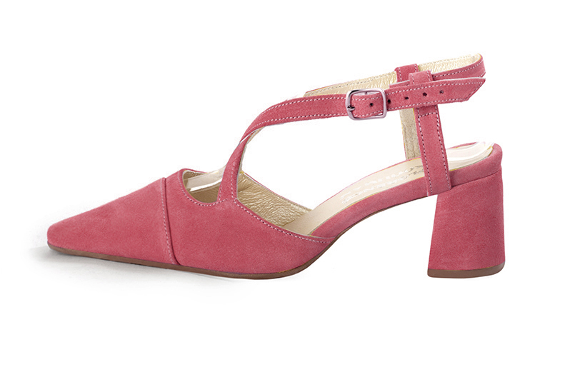 Carnation pink women's open back shoes, with crossed straps. Tapered toe. Medium flare heels. Profile view - Florence KOOIJMAN