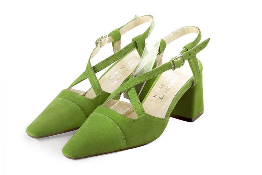 Grass green women's open back shoes, with crossed straps. Tapered toe. Medium flare heels. Front view - Florence KOOIJMAN