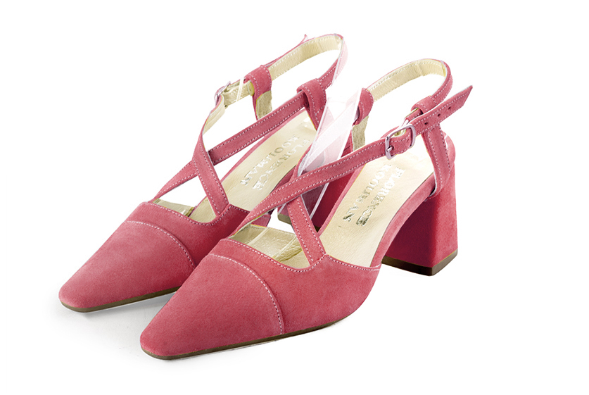 Carnation pink women's open back shoes, with crossed straps. Tapered toe. Medium flare heels. Front view - Florence KOOIJMAN