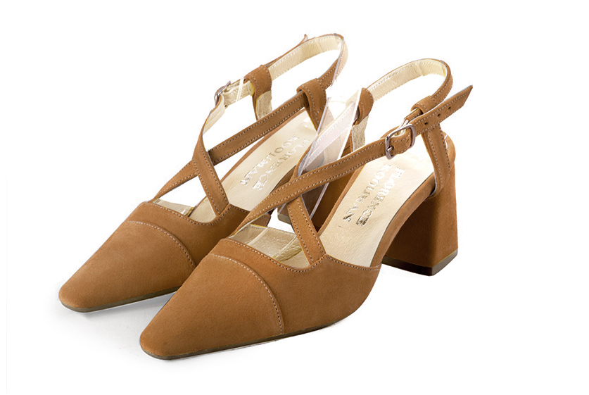 Camel beige women's open back shoes, with crossed straps. Tapered toe. Medium flare heels. Front view - Florence KOOIJMAN