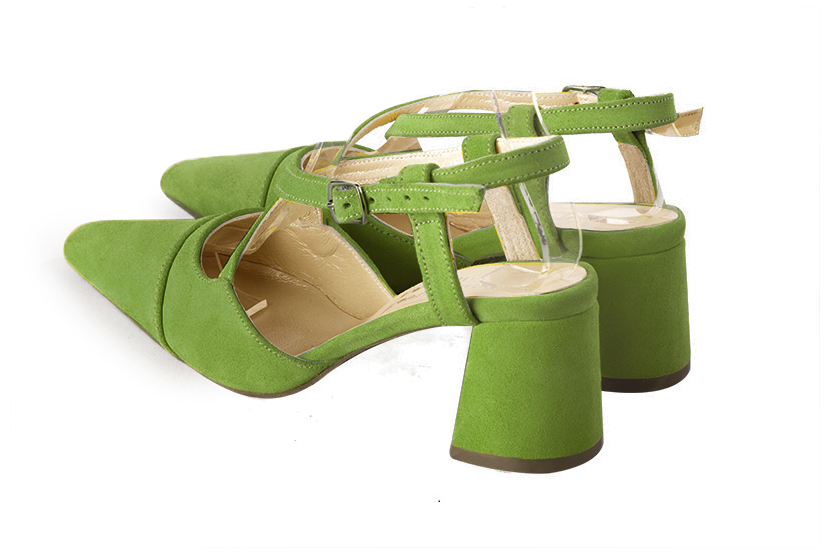 Grass green women's open back shoes, with crossed straps. Tapered toe. Medium flare heels. Rear view - Florence KOOIJMAN