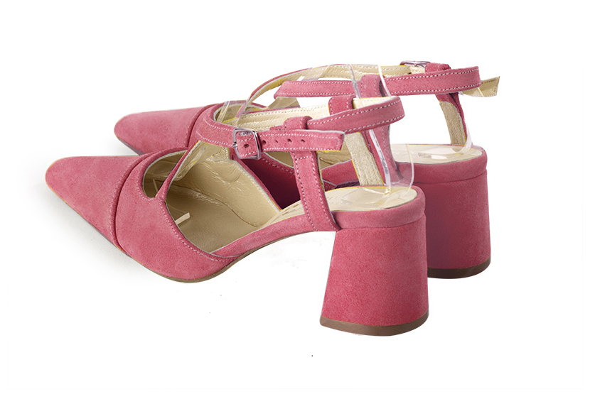 Carnation pink women's open back shoes, with crossed straps. Tapered toe. Medium flare heels. Rear view - Florence KOOIJMAN