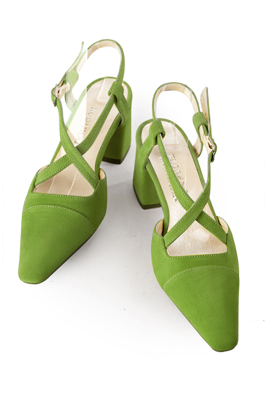 Grass green women's open back shoes, with crossed straps. Tapered toe. Medium flare heels. Top view - Florence KOOIJMAN