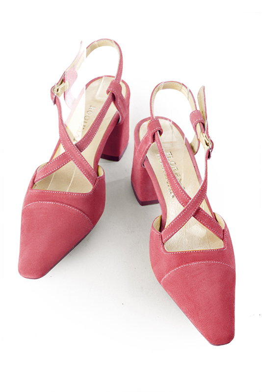 Carnation pink women's open back shoes, with crossed straps. Tapered toe. Medium flare heels. Top view - Florence KOOIJMAN