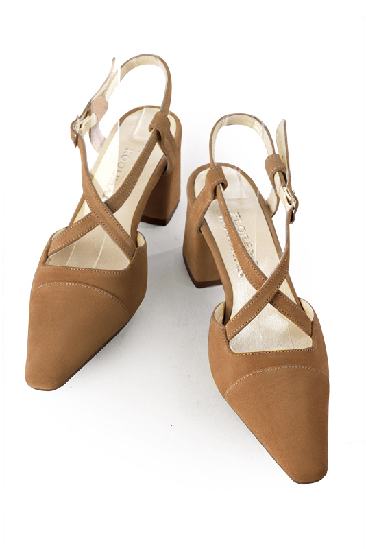 Camel beige women's open back shoes, with crossed straps. Tapered toe. Medium flare heels. Top view - Florence KOOIJMAN