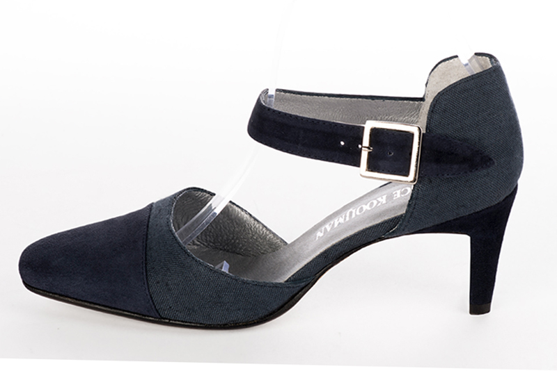 Navy blue women's open side shoes, with an instep strap. Square toe. Medium comma heels. Profile view - Florence KOOIJMAN