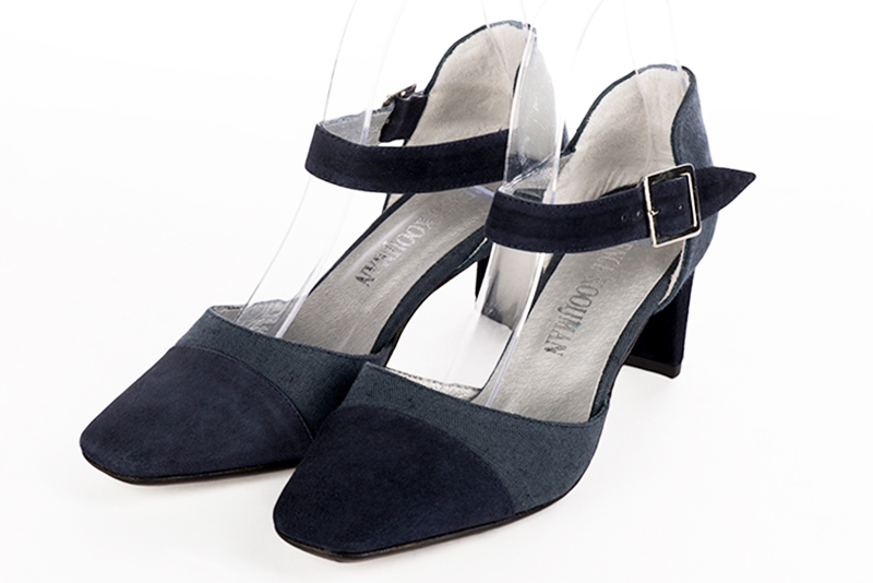 Navy blue women's open side shoes, with an instep strap. Square toe. Medium comma heels. Front view - Florence KOOIJMAN
