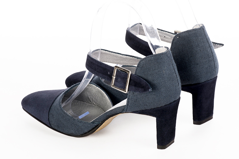 Navy blue women's open side shoes, with an instep strap. Square toe. Medium comma heels. Rear view - Florence KOOIJMAN