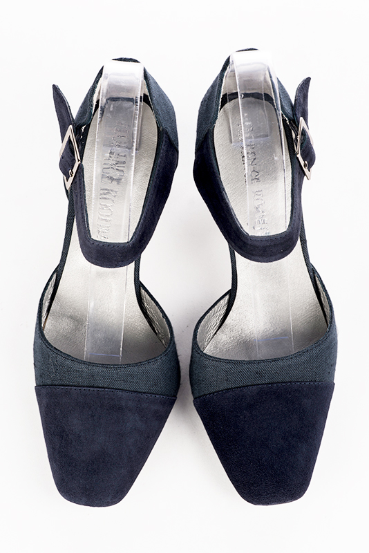 Navy blue women's open side shoes, with an instep strap. Square toe. Medium comma heels. Top view - Florence KOOIJMAN