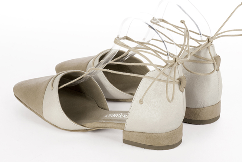 Sand beige and off white women's open side shoes, with lace straps. Square toe. Flat block heels. Rear view - Florence KOOIJMAN