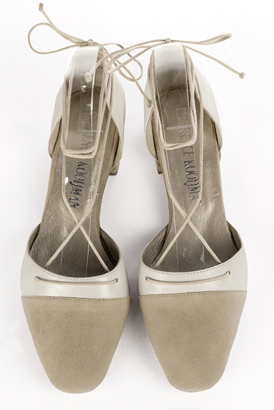 Sand beige and off white women's open side shoes, with lace straps. Square toe. Flat block heels. Top view - Florence KOOIJMAN