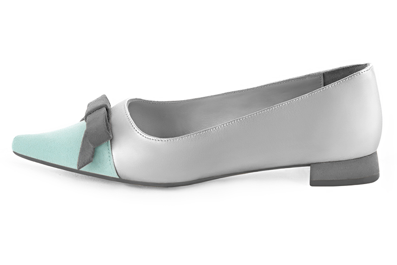 Aquamarine blue, light silver and dove grey women's ballet pumps, with low heels. Pointed toe. Flat flare heels. Profile view - Florence KOOIJMAN