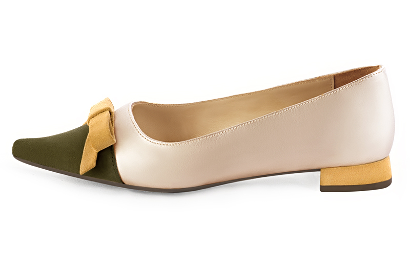 Khaki green, gold and mustard yellow women's ballet pumps, with low heels. Pointed toe. Flat flare heels. Profile view - Florence KOOIJMAN