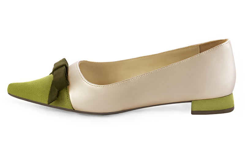 Pistachio green and gold women's ballet pumps, with low heels. Pointed toe. Flat flare heels. Profile view - Florence KOOIJMAN
