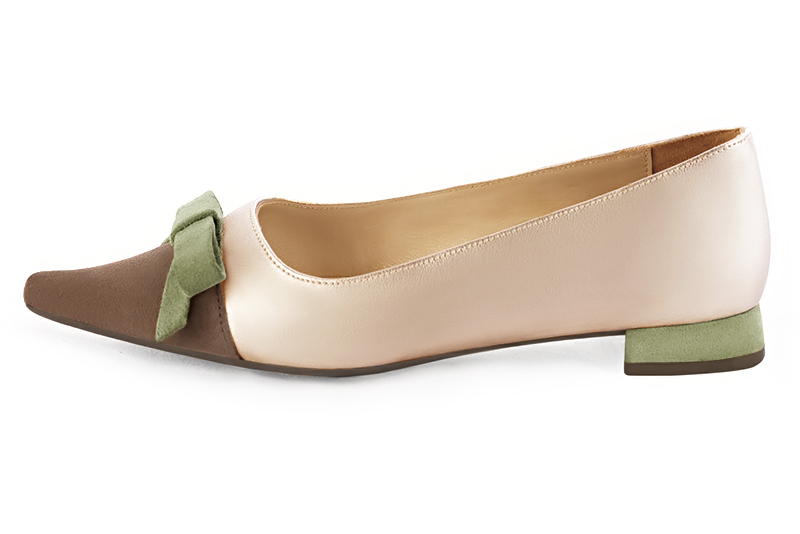 Chocolate brown, gold and khaki green women's ballet pumps, with low heels. Pointed toe. Flat flare heels. Profile view - Florence KOOIJMAN