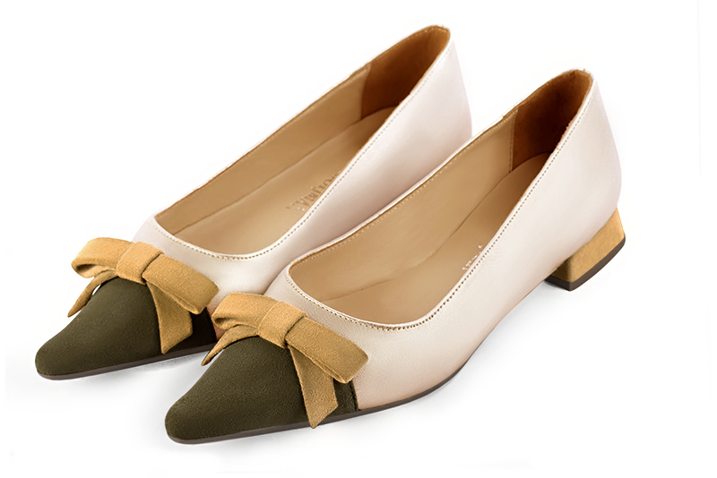 Khaki green, gold and mustard yellow women's ballet pumps, with low heels. Pointed toe. Flat flare heels. Front view - Florence KOOIJMAN