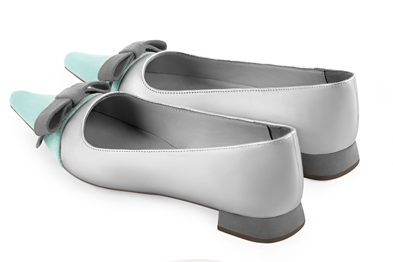 Aquamarine blue, light silver and dove grey women's ballet pumps, with low heels. Pointed toe. Flat flare heels. Rear view - Florence KOOIJMAN