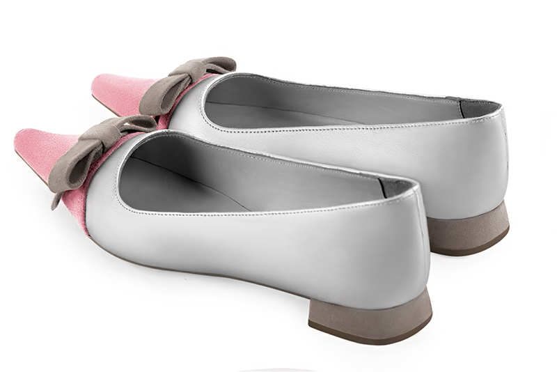 Carnation pink, light silver and pebble grey women's ballet pumps, with low heels. Pointed toe. Flat flare heels. Rear view - Florence KOOIJMAN