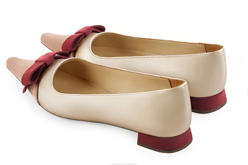Biscuit beige, gold and burgundy red women's ballet pumps, with low heels. Pointed toe. Flat flare heels. Rear view - Florence KOOIJMAN