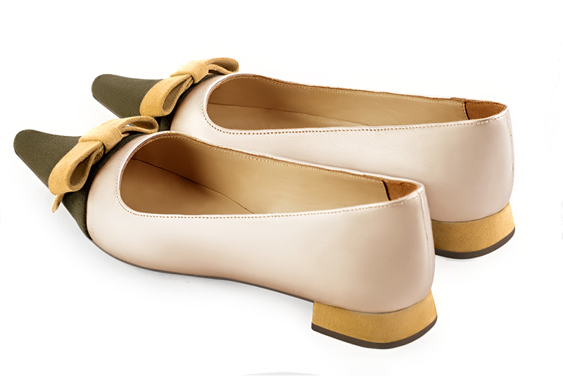 Khaki green, gold and mustard yellow women's ballet pumps, with low heels. Pointed toe. Flat flare heels. Rear view - Florence KOOIJMAN