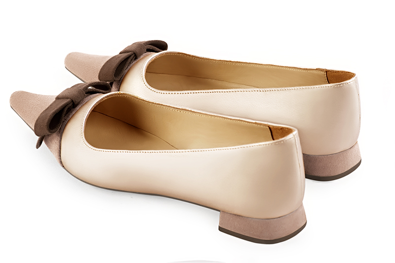Biscuit beige, gold and chocolate brown women's ballet pumps, with low heels. Pointed toe. Flat flare heels. Rear view - Florence KOOIJMAN