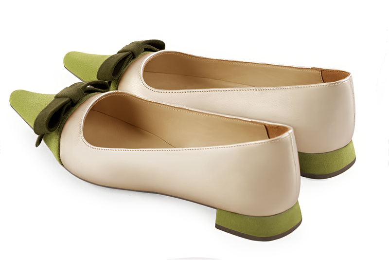 Pistachio green and gold women's ballet pumps, with low heels. Pointed toe. Flat flare heels. Rear view - Florence KOOIJMAN