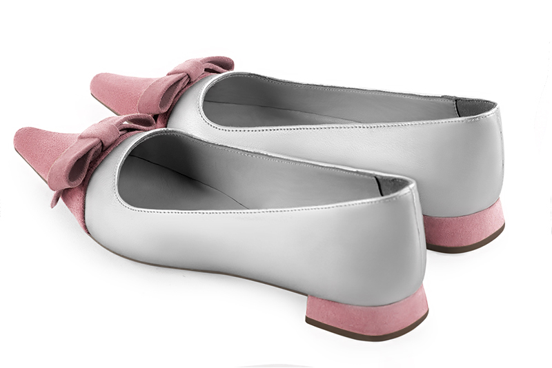 Dusty rose pink and light silver women's ballet pumps, with low heels. Pointed toe. Flat flare heels. Rear view - Florence KOOIJMAN