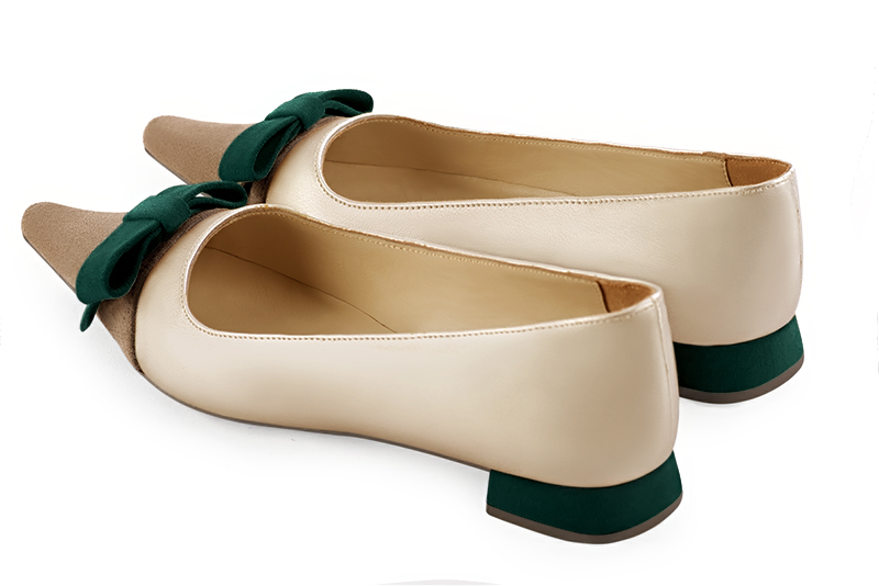 Biscuit beige, gold and forest green women's ballet pumps, with low heels. Pointed toe. Flat flare heels. Rear view - Florence KOOIJMAN
