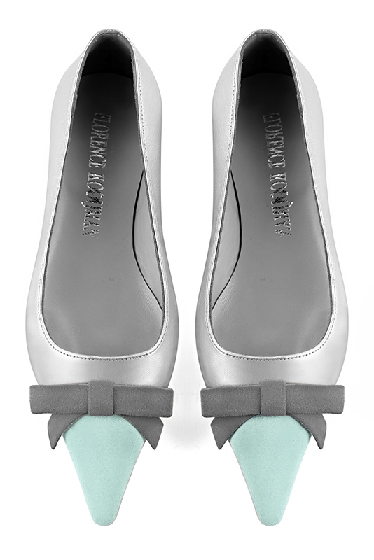Aquamarine blue, light silver and dove grey women's ballet pumps, with low heels. Pointed toe. Flat flare heels. Top view - Florence KOOIJMAN