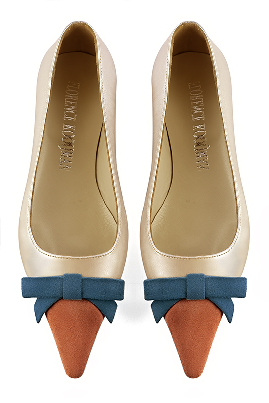 Terracotta orange, gold and peacock blue women's ballet pumps, with low heels. Pointed toe. Flat flare heels. Top view - Florence KOOIJMAN