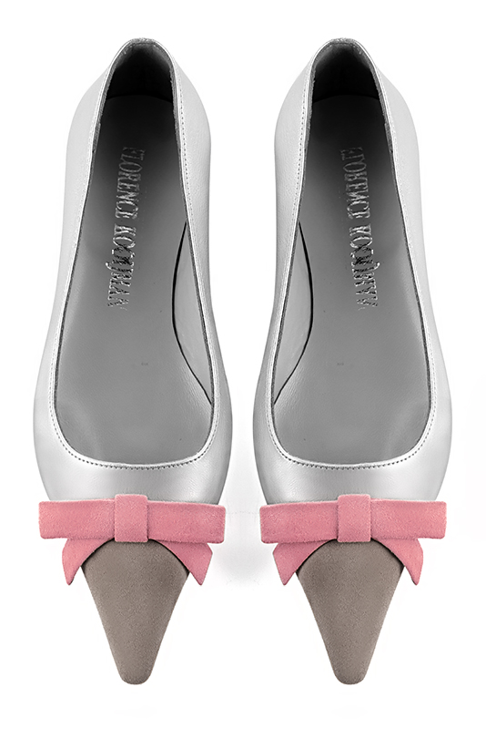 Pebble grey, light silver and carnation pink women's ballet pumps, with low heels. Pointed toe. Flat flare heels. Top view - Florence KOOIJMAN
