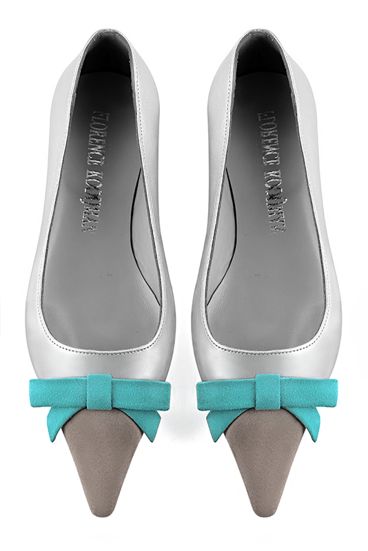 Pebble grey, light silver and aquamarine blue women's ballet pumps, with low heels. Pointed toe. Flat flare heels. Top view - Florence KOOIJMAN