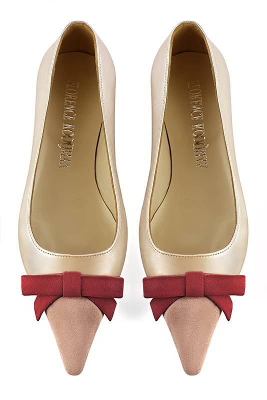 Biscuit beige, gold and burgundy red women's ballet pumps, with low heels. Pointed toe. Flat flare heels. Top view - Florence KOOIJMAN