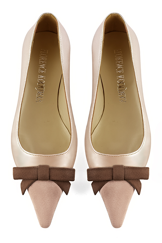 Biscuit beige, gold and chocolate brown women's ballet pumps, with low heels. Pointed toe. Flat flare heels. Top view - Florence KOOIJMAN