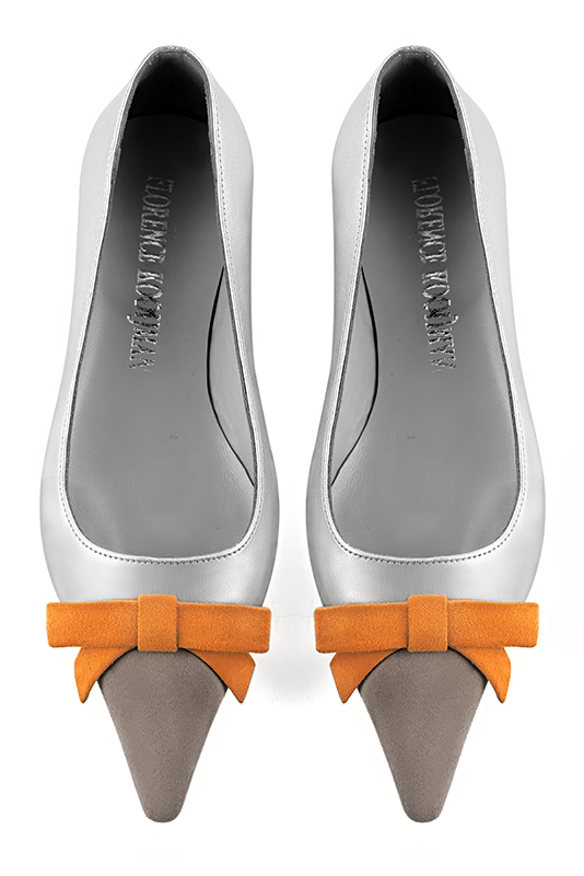 Pebble grey, light silver and apricot orange women's ballet pumps, with low heels. Pointed toe. Flat flare heels. Top view - Florence KOOIJMAN