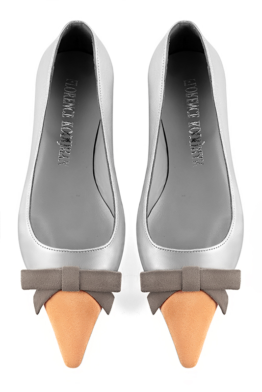Marigold orange, light silver and pebble grey women's ballet pumps, with low heels. Pointed toe. Flat flare heels. Top view - Florence KOOIJMAN