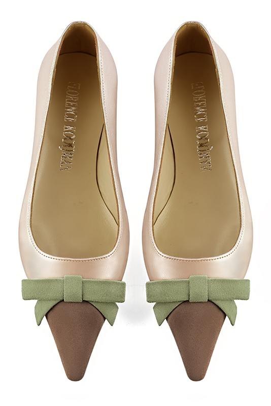 Chocolate brown, gold and khaki green women's ballet pumps, with low heels. Pointed toe. Flat flare heels. Top view - Florence KOOIJMAN