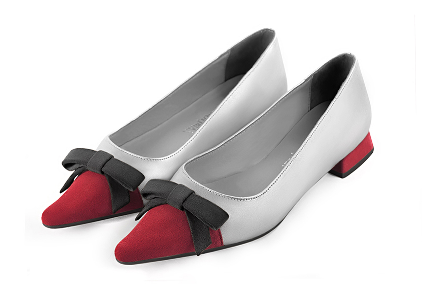 Cardinal red, light silver and dark grey women's ballet pumps, with low heels. Pointed toe. Flat flare heels - Florence KOOIJMAN