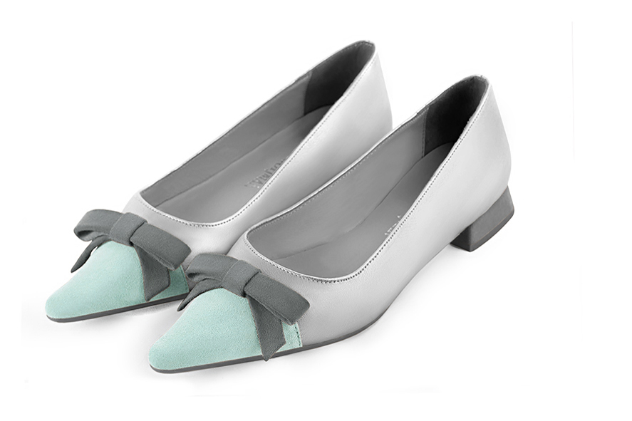 Aquamarine blue, light silver and dove grey women's ballet pumps, with low heels. Pointed toe. Flat flare heels. Front view - Florence KOOIJMAN