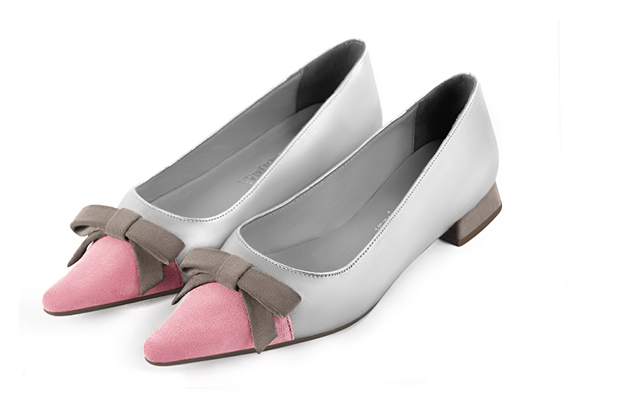 Carnation pink, light silver and pebble grey women's ballet pumps, with low heels. Pointed toe. Flat flare heels. Front view - Florence KOOIJMAN