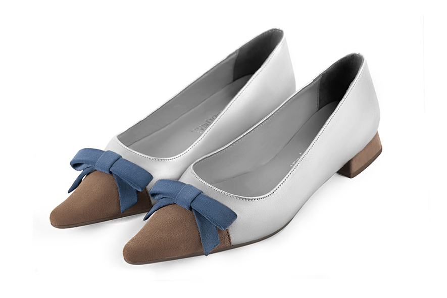 Chocolate brown, light silver and denim blue women's ballet pumps, with low heels. Pointed toe. Flat flare heels - Florence KOOIJMAN
