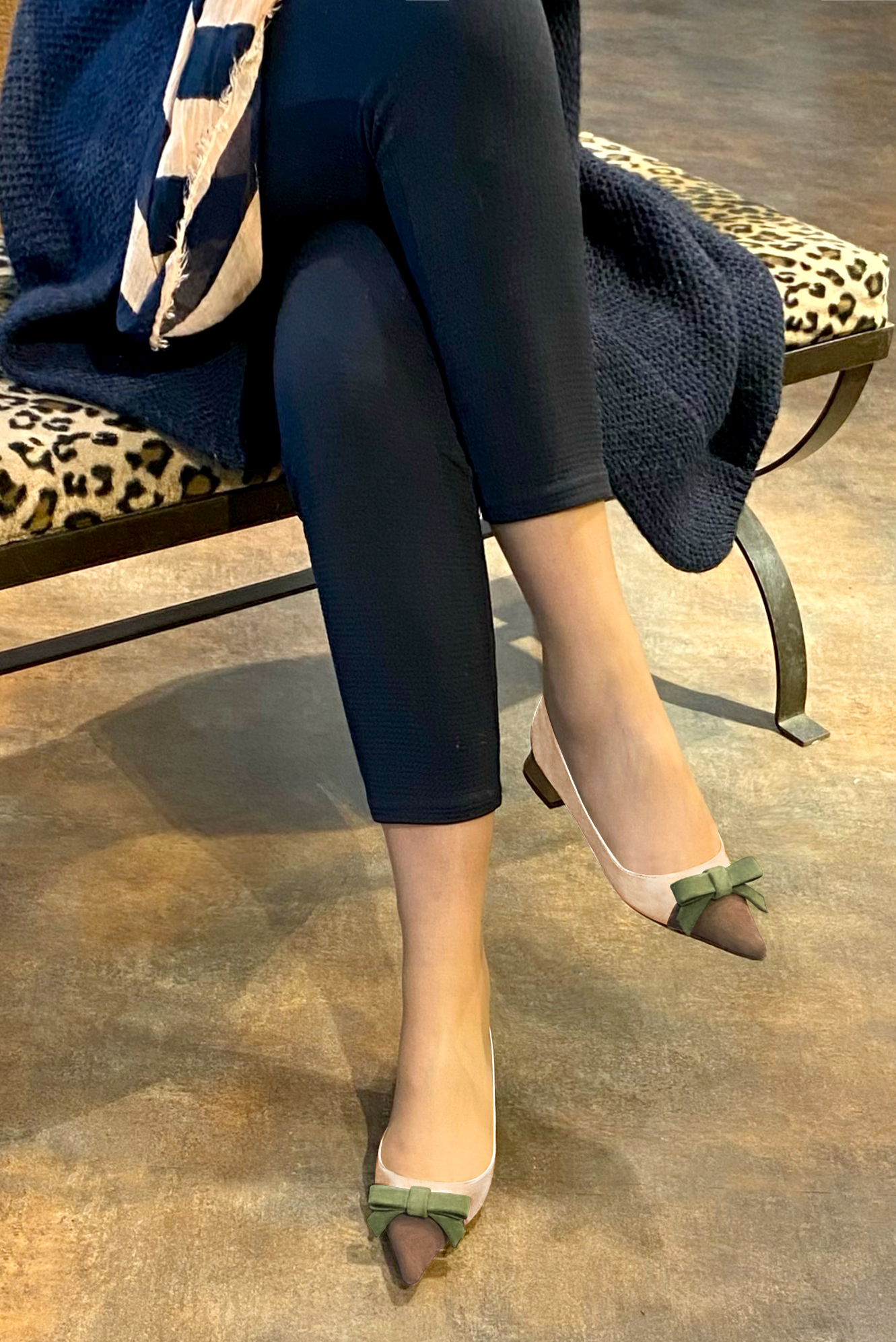 Chocolate brown, gold and khaki green women's ballet pumps, with low heels. Pointed toe. Flat flare heels. Worn view - Florence KOOIJMAN
