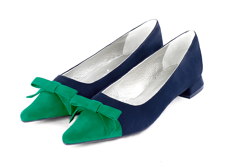 Emerald green and navy blue women's ballet pumps, with low heels. Pointed toe. Flat flare heels - Florence KOOIJMAN