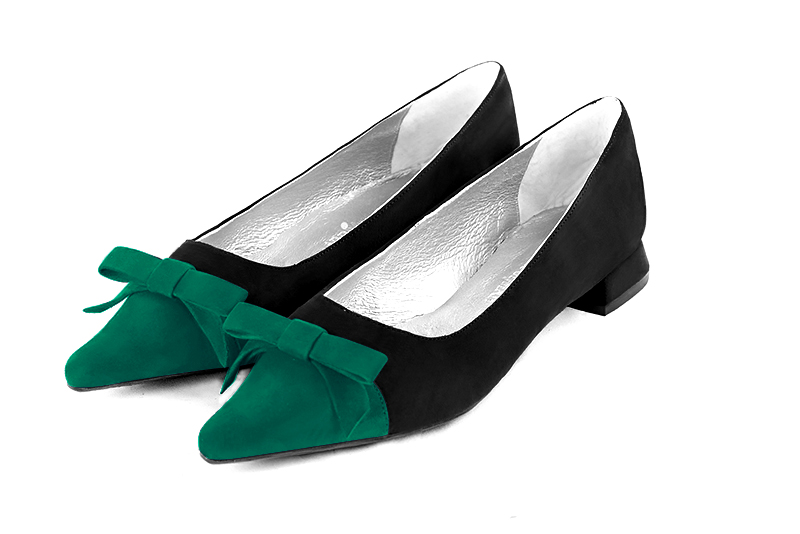 Emerald green and matt black women's ballet pumps, with low heels. Pointed toe. Flat flare heels - Florence KOOIJMAN